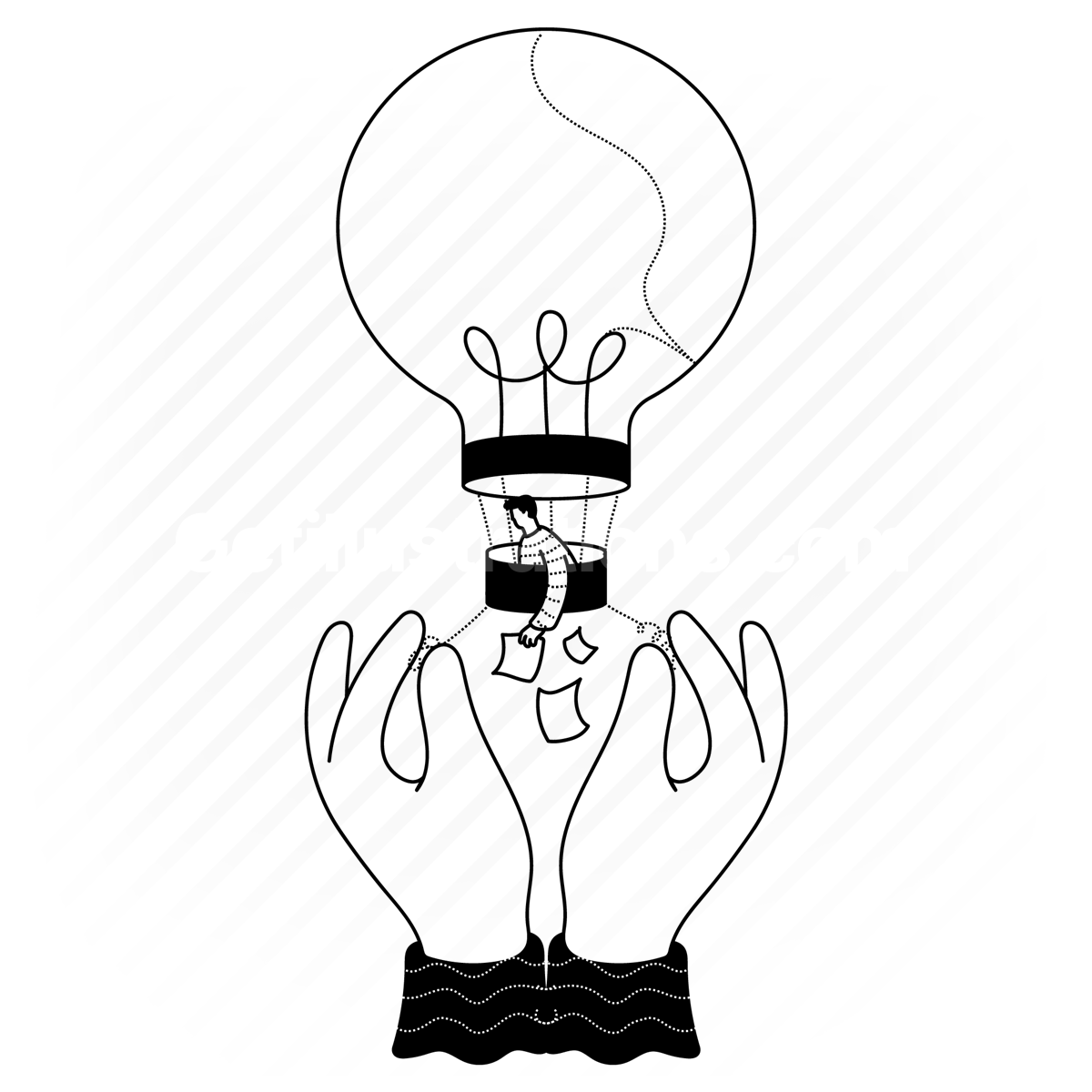 lightbulb, idea, thought, unravel, take apart, hot air balloon, hand, gesture